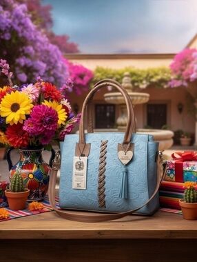 Sunflower Baby Sky Blue Cross Stitch Embossed Tooled Artisan LEATHER Bag Purse